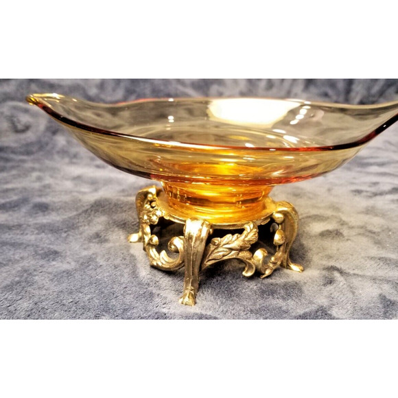 Vintage Mid Century Diamond Shape Amber Glass Bowl Ornate Brass Pedestal Base - Picture 13 of 16